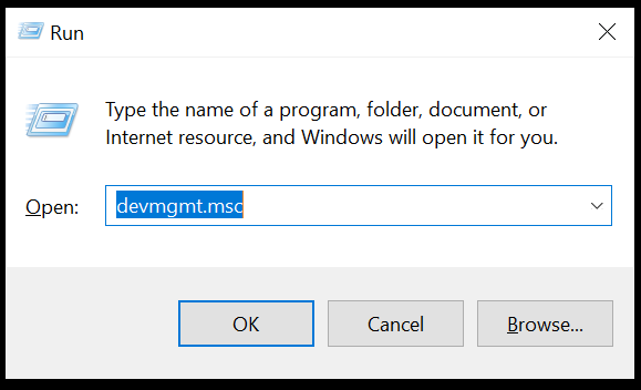 Окно «Выполнить» с командой devmgmt.msc