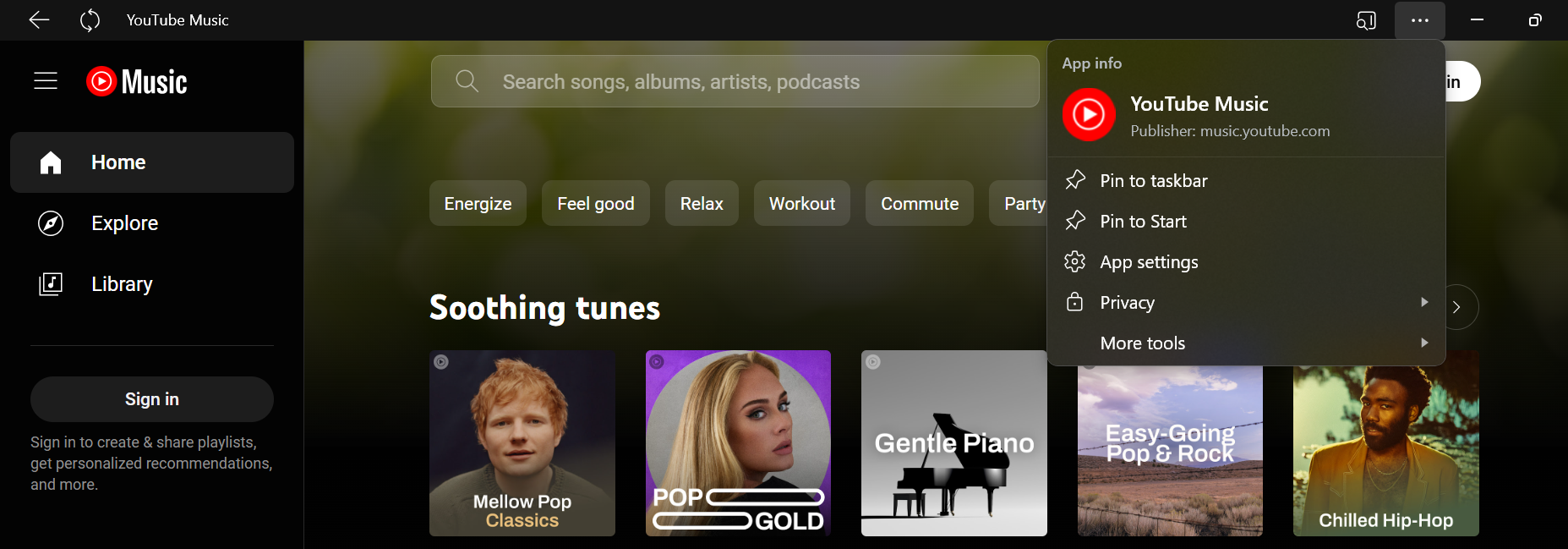 Информация о приложении YouTube Music в Microsoft Edge