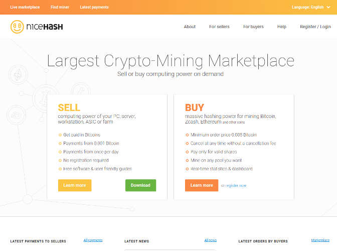 Фотография интерфейса сервиса аренды майнингового оборудования (NiceHash)