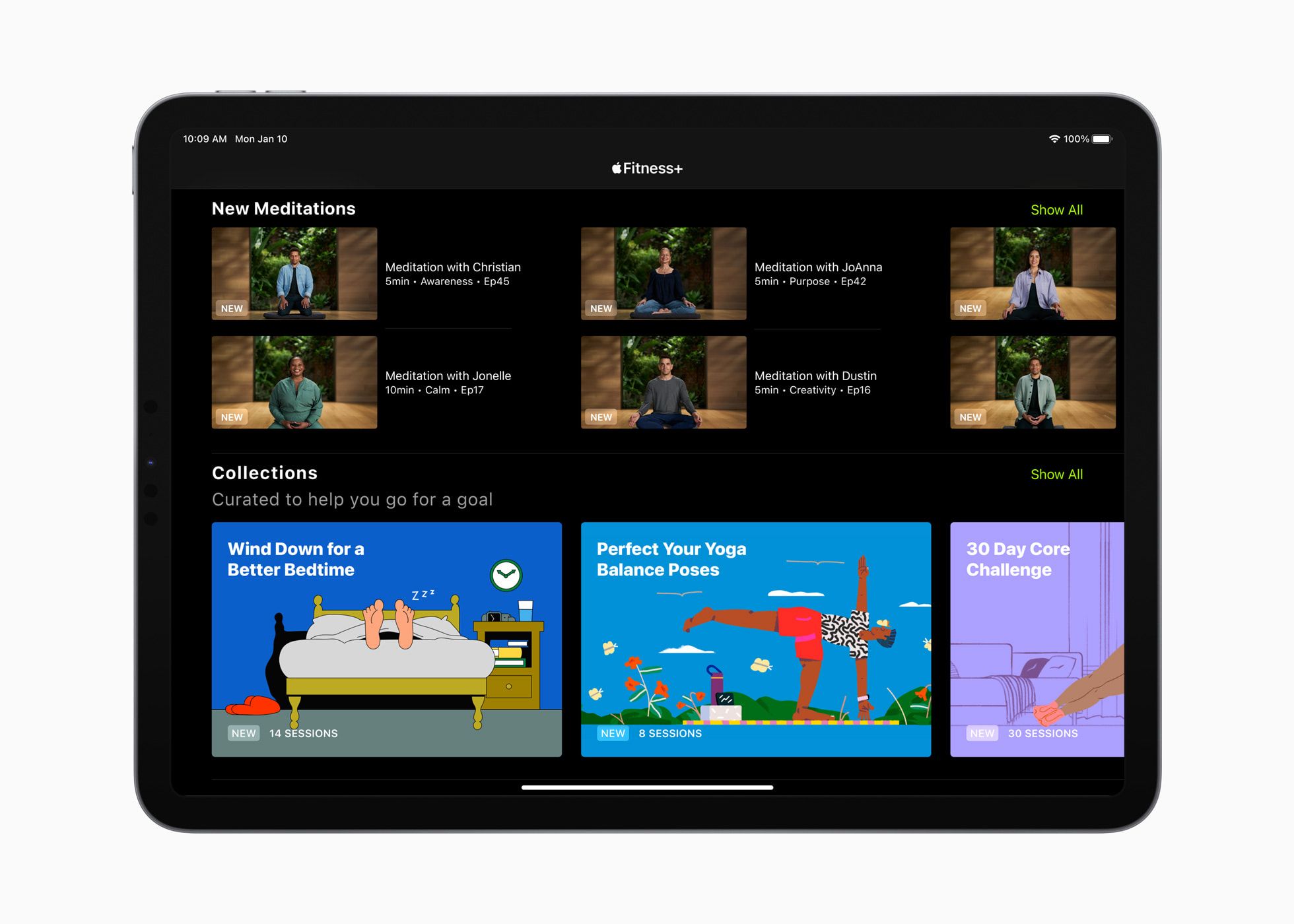 Коллекции Apple Fitness+ на iPad — экран с подборками занятий
