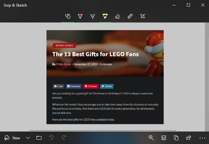 описание: окно редактора Snip & Sketch с панелью инструментов