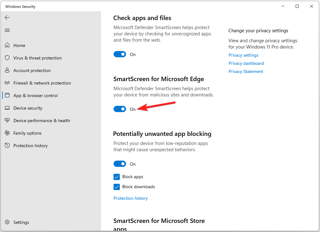 Interruptor para desactivar SmartScreen en Microsoft Edge