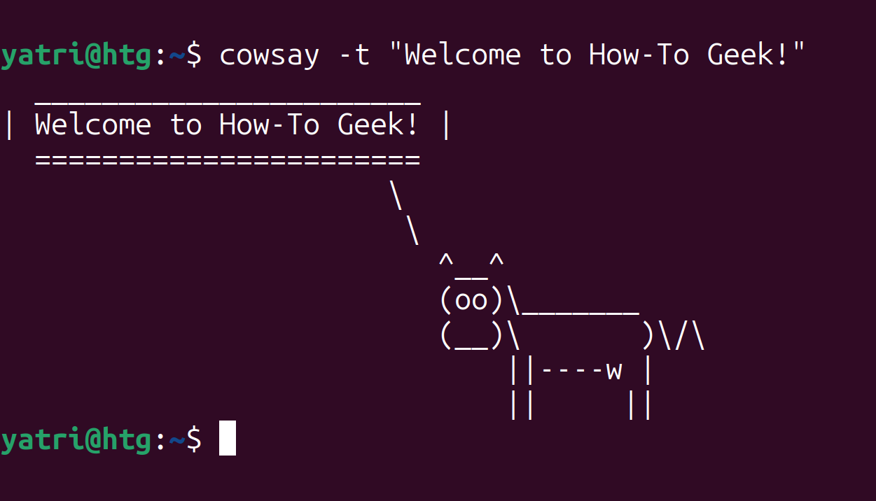 Окно терминала с выводом команды cowsay, где корова говорит Welcome to How-To Geek!