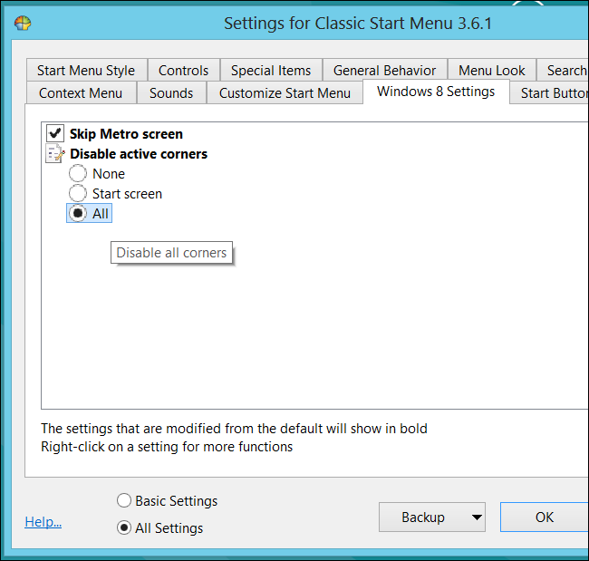 Настройки Classic Shell для отключения активных углов в Windows 8