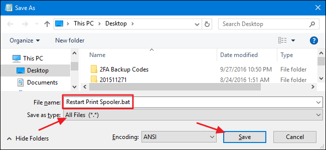 Окно сохранения файла с расширением .bat