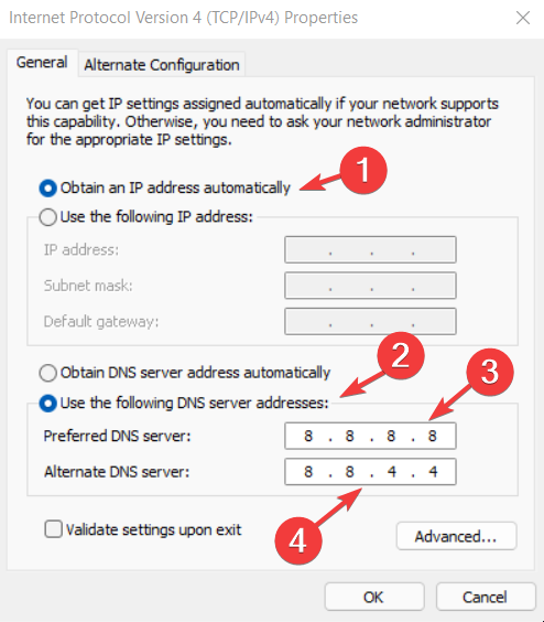 Поля для ввода предпочтительного и альтернативного DNS‑серверов