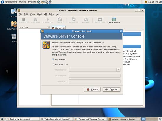 Окно выбора Local host при первом запуске VMware Server