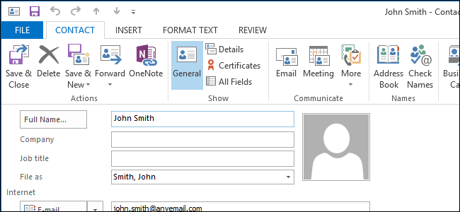 Открыть полное окно редактирования контакта в Outlook 2013