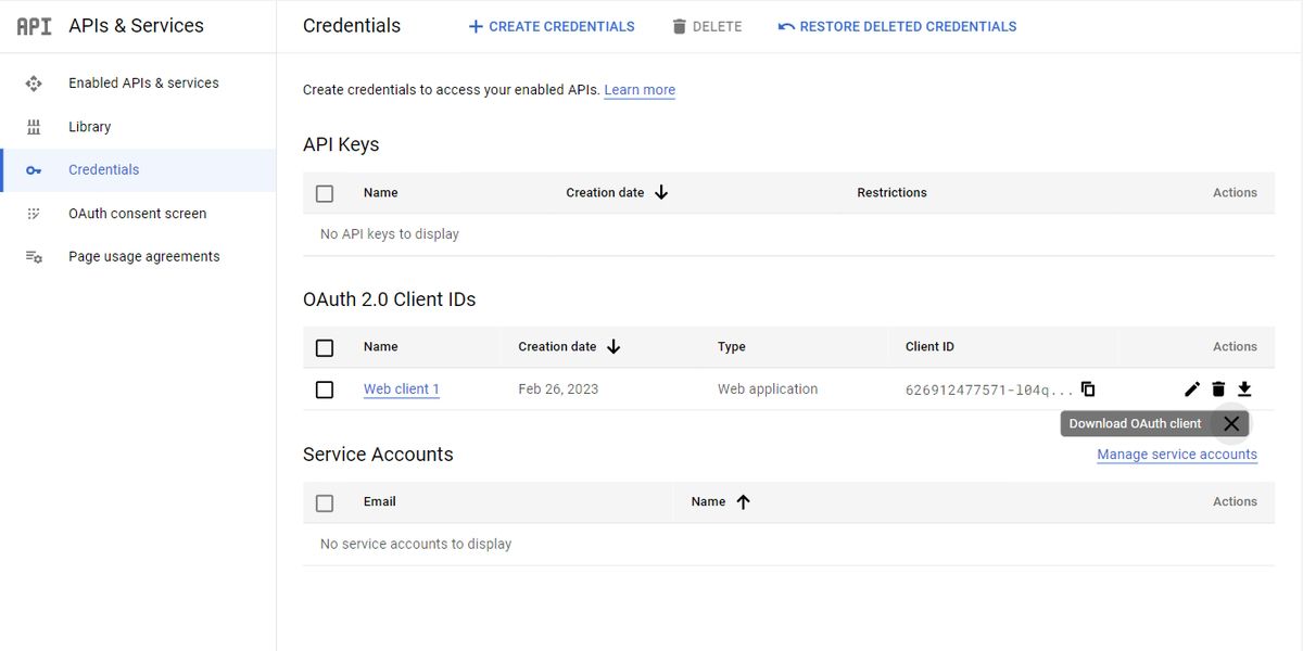 Кнопка загрузки OAuth клиента в Google APIs & Services.