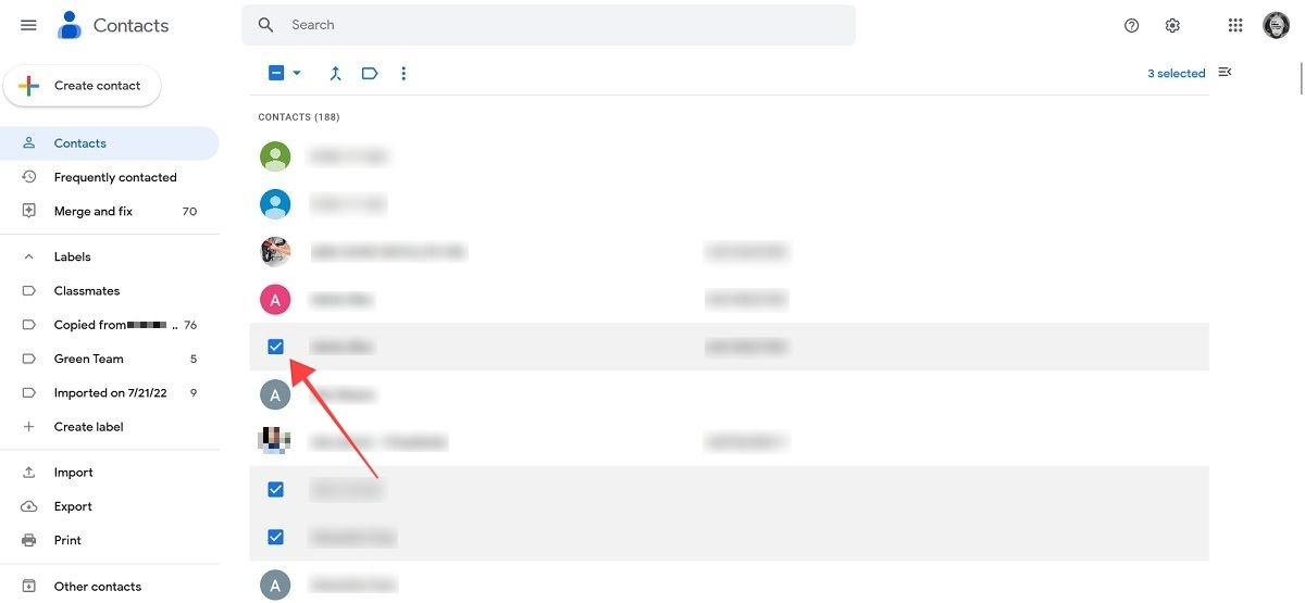 Выбор контактов на ПК в Google Контакты для добавления в метку.