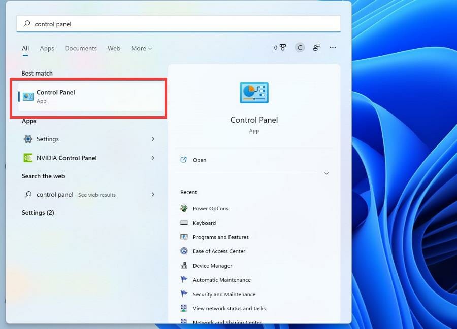 Окно поиска Панели управления в Windows 11