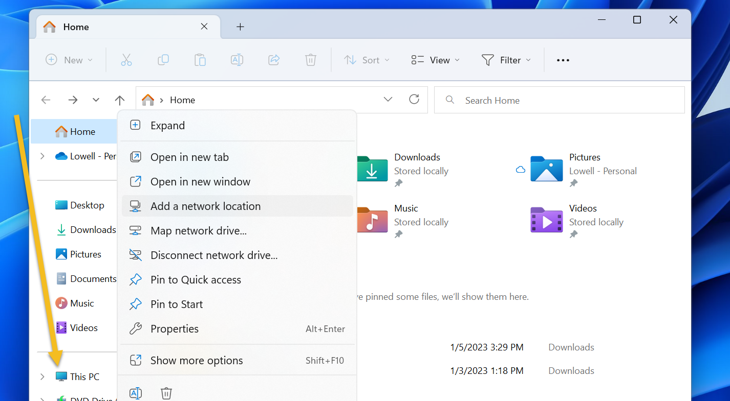 Контекстное меню объекта This PC в Windows 11