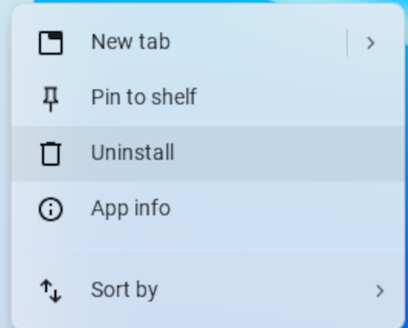 Меню удаления приложения на Chromebook