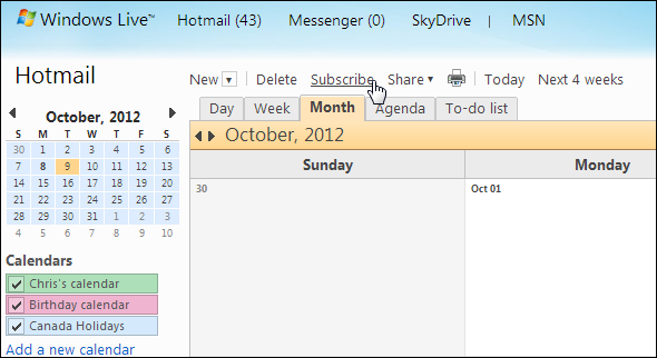 Скриншот: кнопка «Подписаться» в Windows Live Calendar