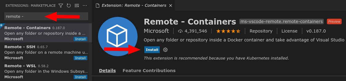 Скриншот расширения Remote - Containers в Visual Studio Code