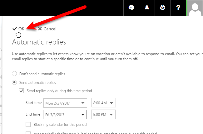 Кнопка OK для сохранения настроек автответа