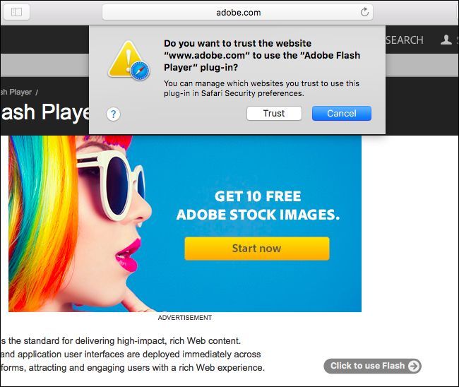 Плейсхолдер «Нажмите, чтобы использовать Flash» в Safari на странице с Flash-контентом