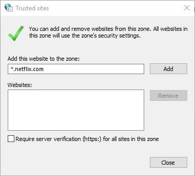 Добавление домена Netflix в список доверенных сайтов
