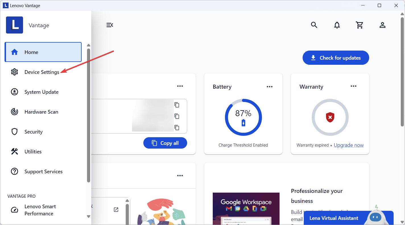 Меню Lenovo Vantage — пункт Device settings
