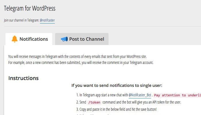 Вкладки Notifications и Post to Channel в настройках плагина