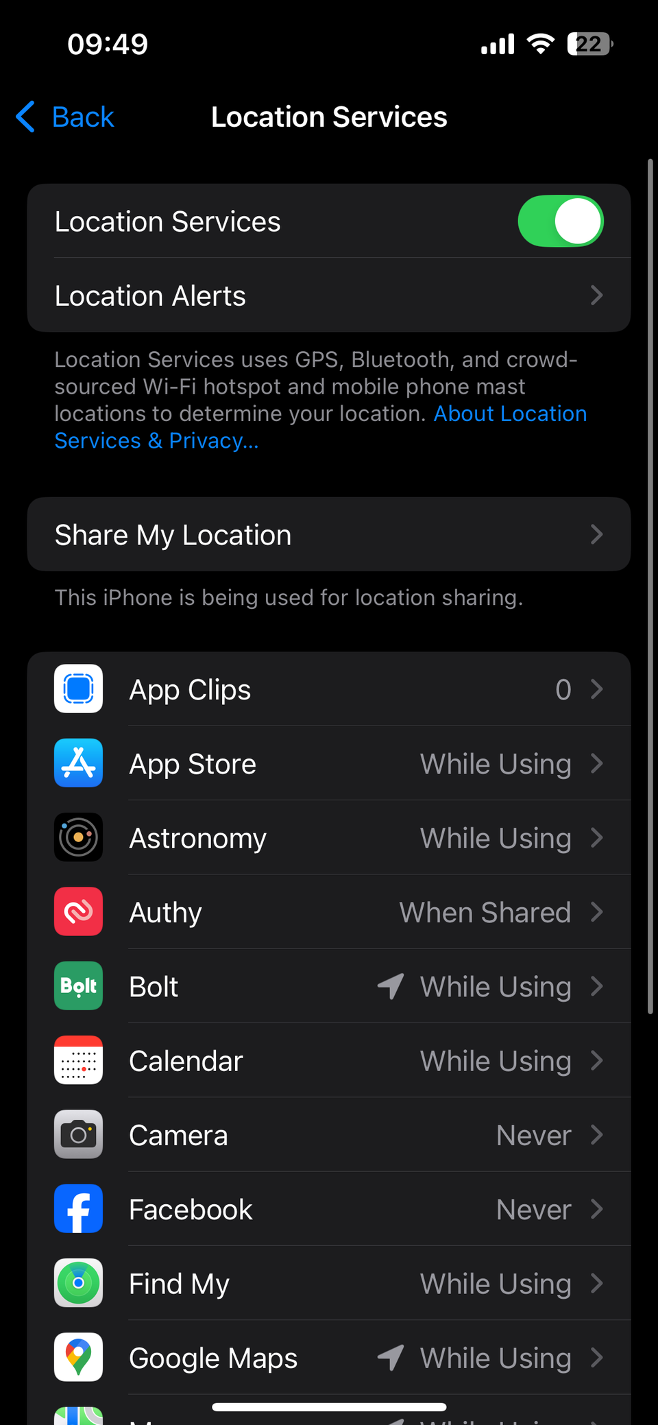 Страница Служб геолокации