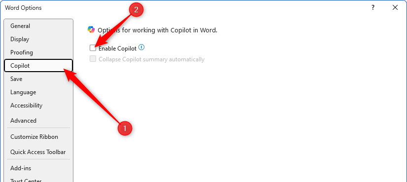 Диалоговое окно параметров Word с открытым меню Copilot; флажок 