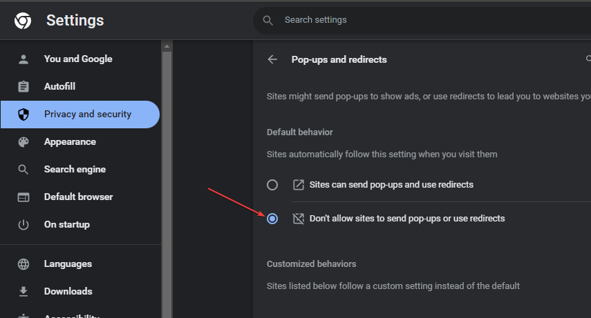 Выбор 'Не разрешать сайтам показывать всплывающие окна' в Chrome