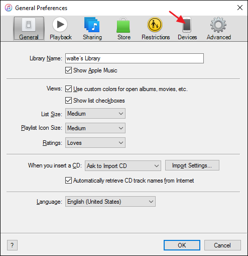Вкладка Устройства в настройках iTunes