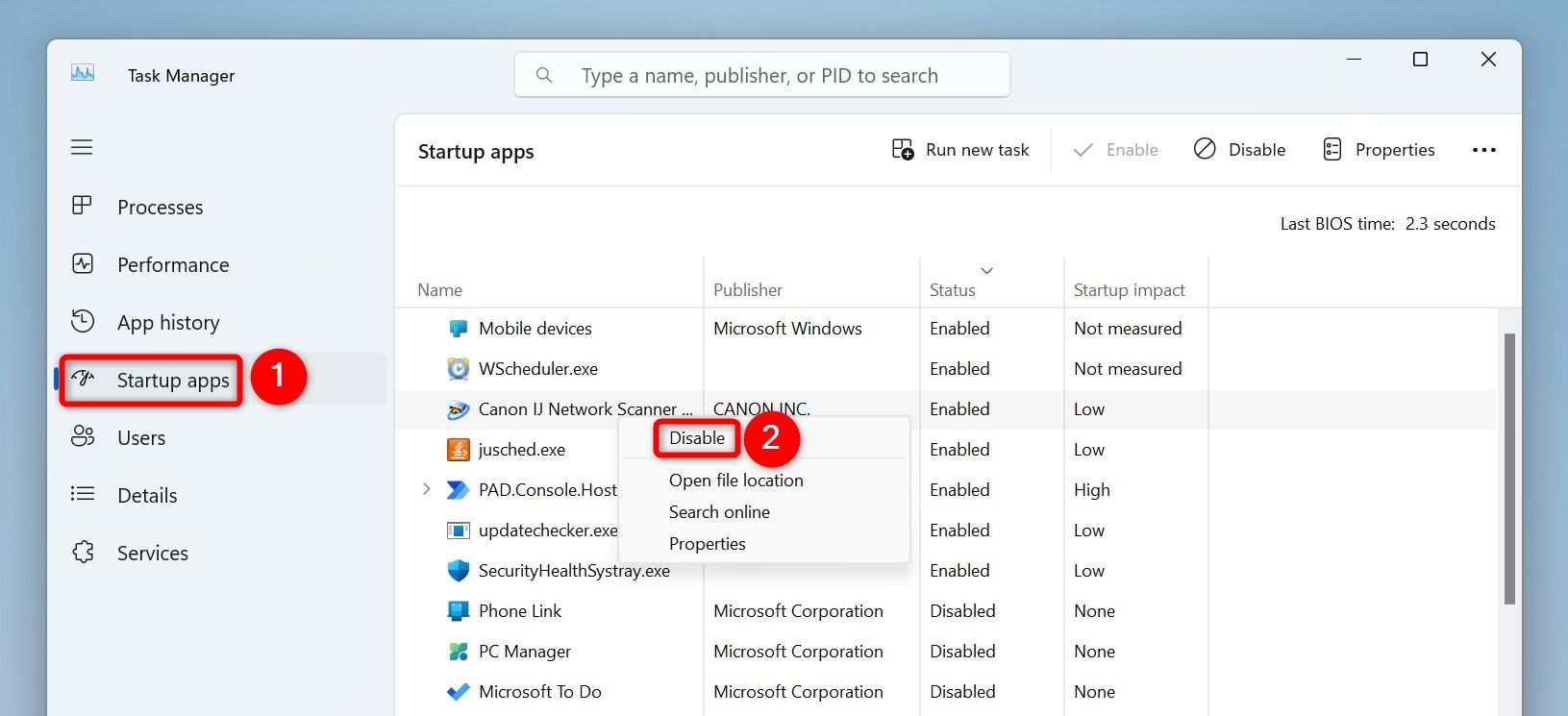 Автозагрузка и опция Отключить в Диспетчере задач
