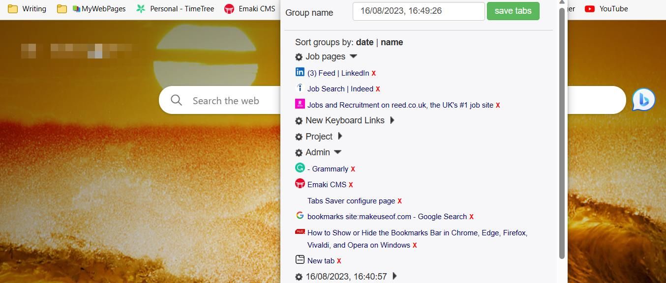 Выпадающее меню расширения Tabs Saver для сохранения вкладок