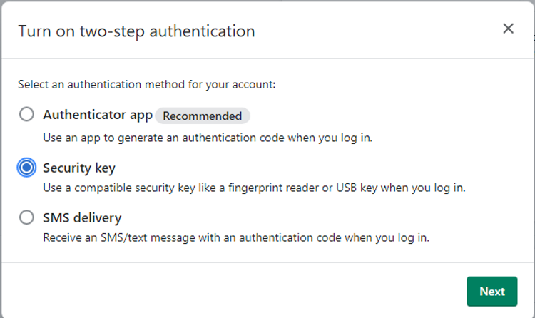 Shopify 2SA set up options click Security key