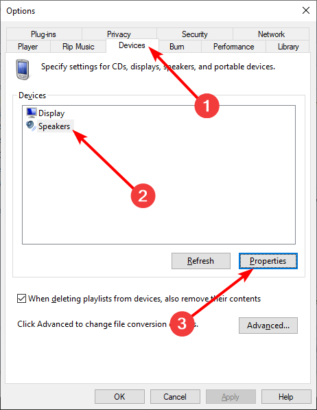 Окно свойств динамиков в Windows Media Player