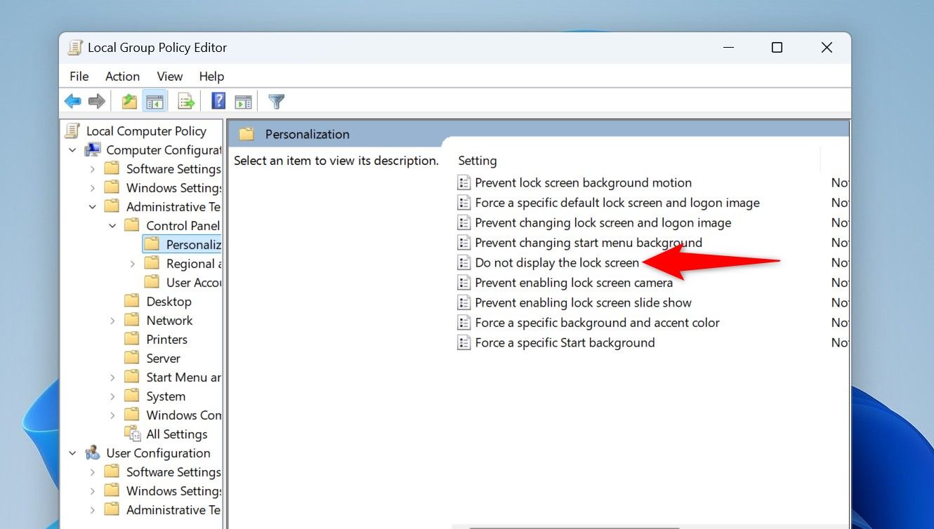 Выделен параметр 'Do Not Display the Lock Screen' в Local Group Policy Editor