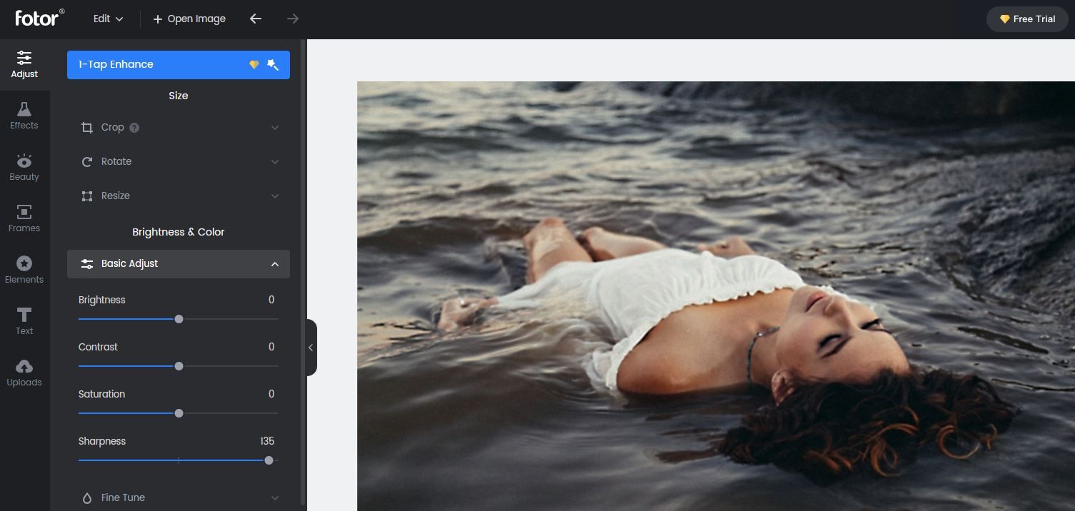 Инструмент резкости в Fotor