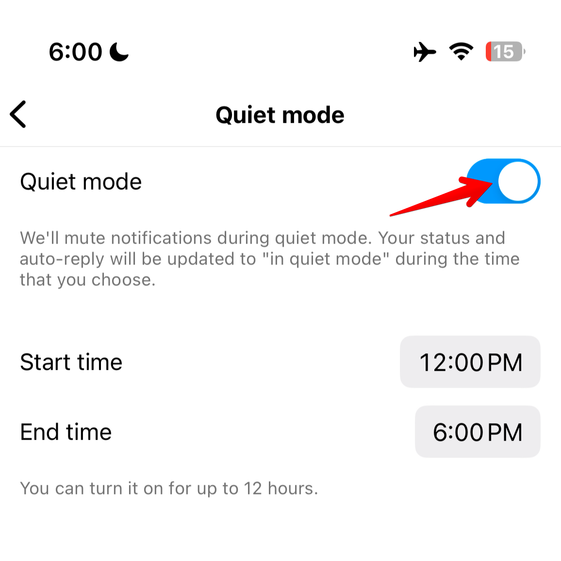 Меню Quiet Mode в Instagram с синим переключателем, показывающим, что режим включён.