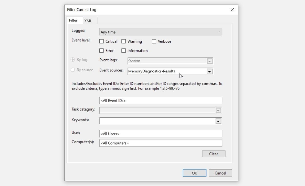 Просмотр результатов Memory Diagnostic в Event Viewer