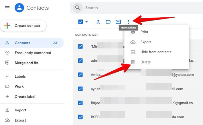 Удаление всех контактов в Google Contacts на ПК