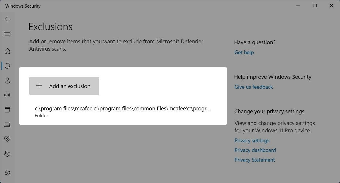Добавление исключения в Защиту Windows