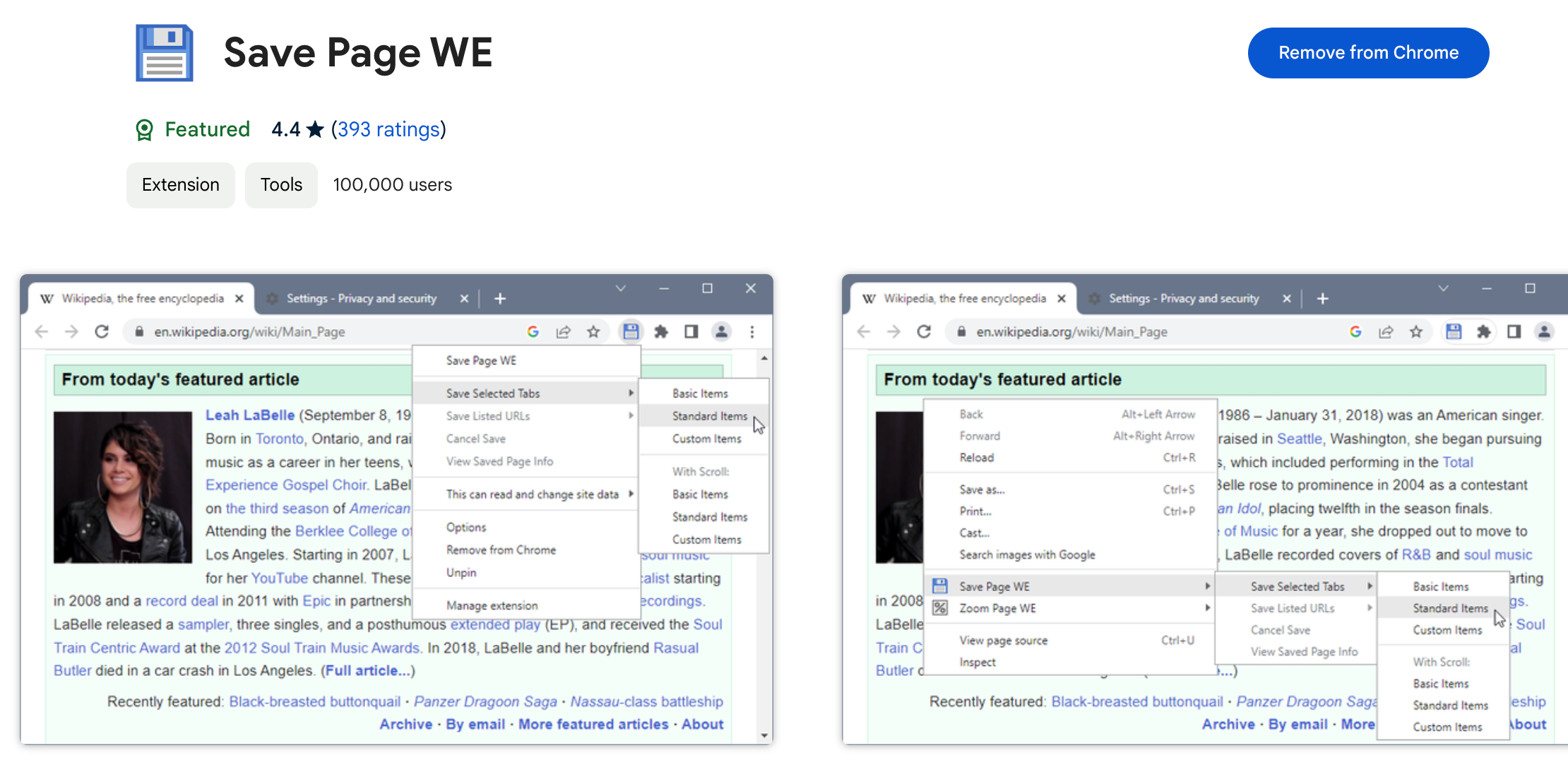 Страница загрузки расширения Save Page WE для Chrome