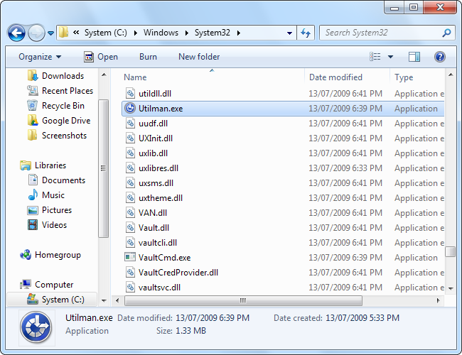 Файл Utilman.exe в папке System32