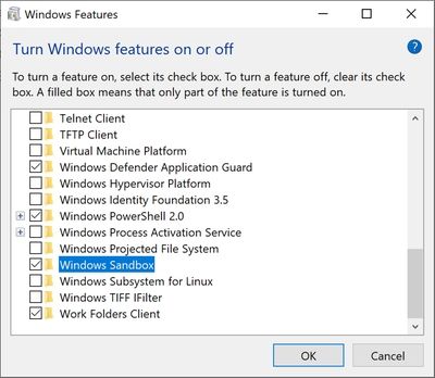 turn on windows sandbox windows features