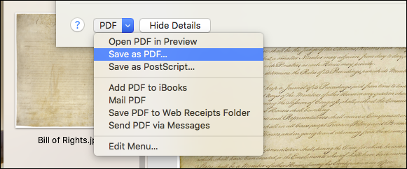 Меню PDF в диалоге печати macOS с опцией «Сохранить как PDF»