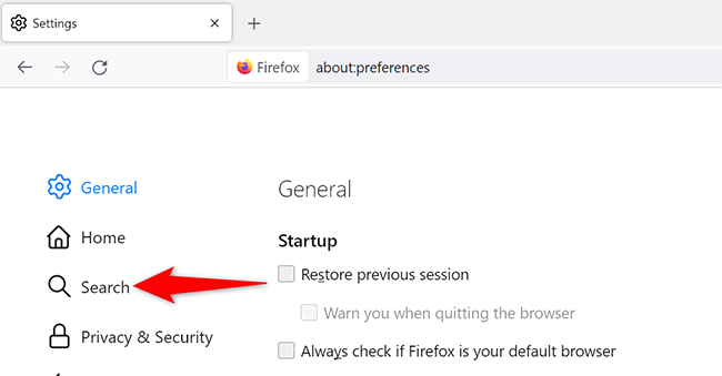 Выберите «Поиск» на странице Настроек в Firefox на компьютере.