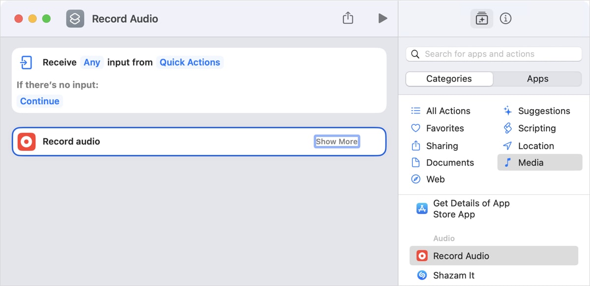 Действие Record Audio