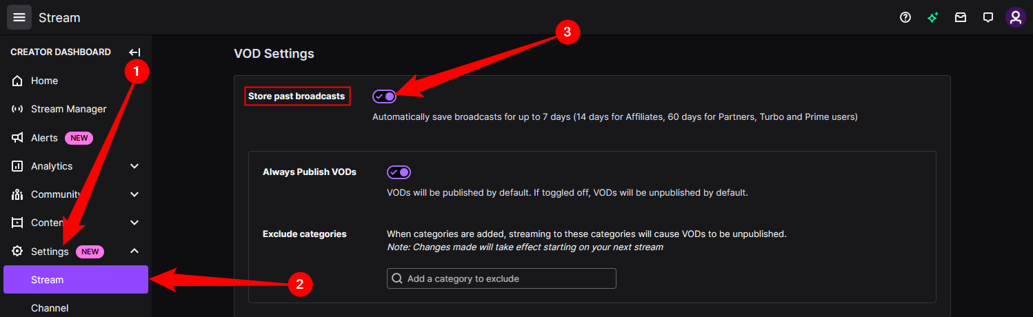 Нажмите 'Настройки', затем 'Трансляция'. Включите переключатель рядом с 'Хранить прошлые трансляции.'