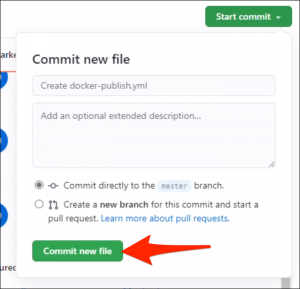 Кнопка «Start Commit» для добавления workflow в репозиторий.