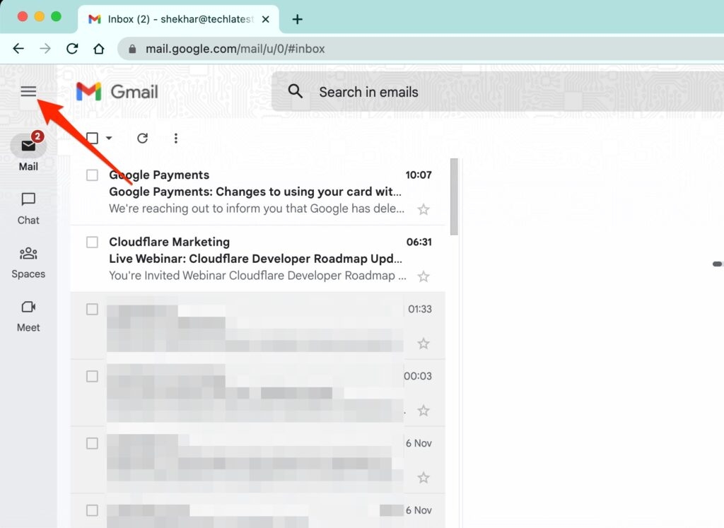 Меню Gmail с пунктом