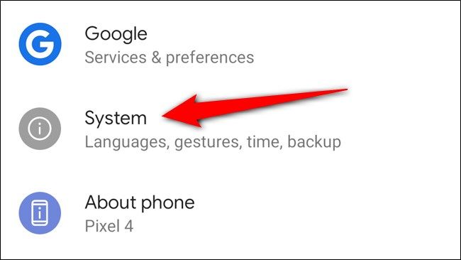 Выбор раздела Система в настройках Pixel 4