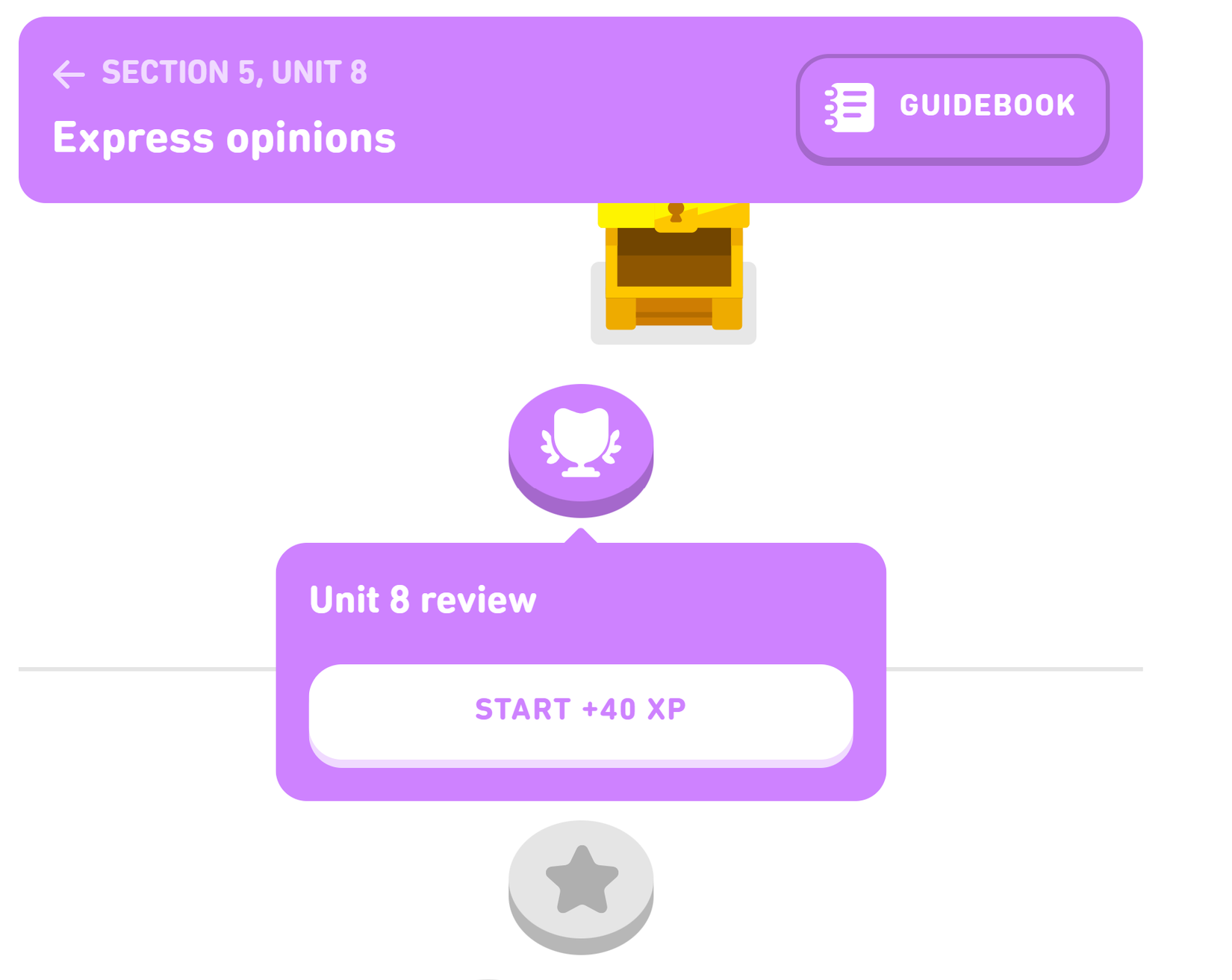 Скриншот Duolingo с выбранным обзором юнита.