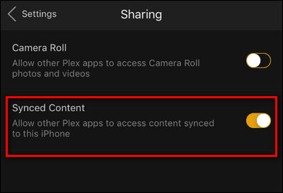 Параметр Synced Content включен в Plex